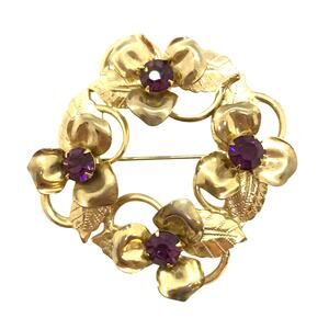 Vintage goldtone & purple rhinestones wreath brooch ornate dimensional jewelry